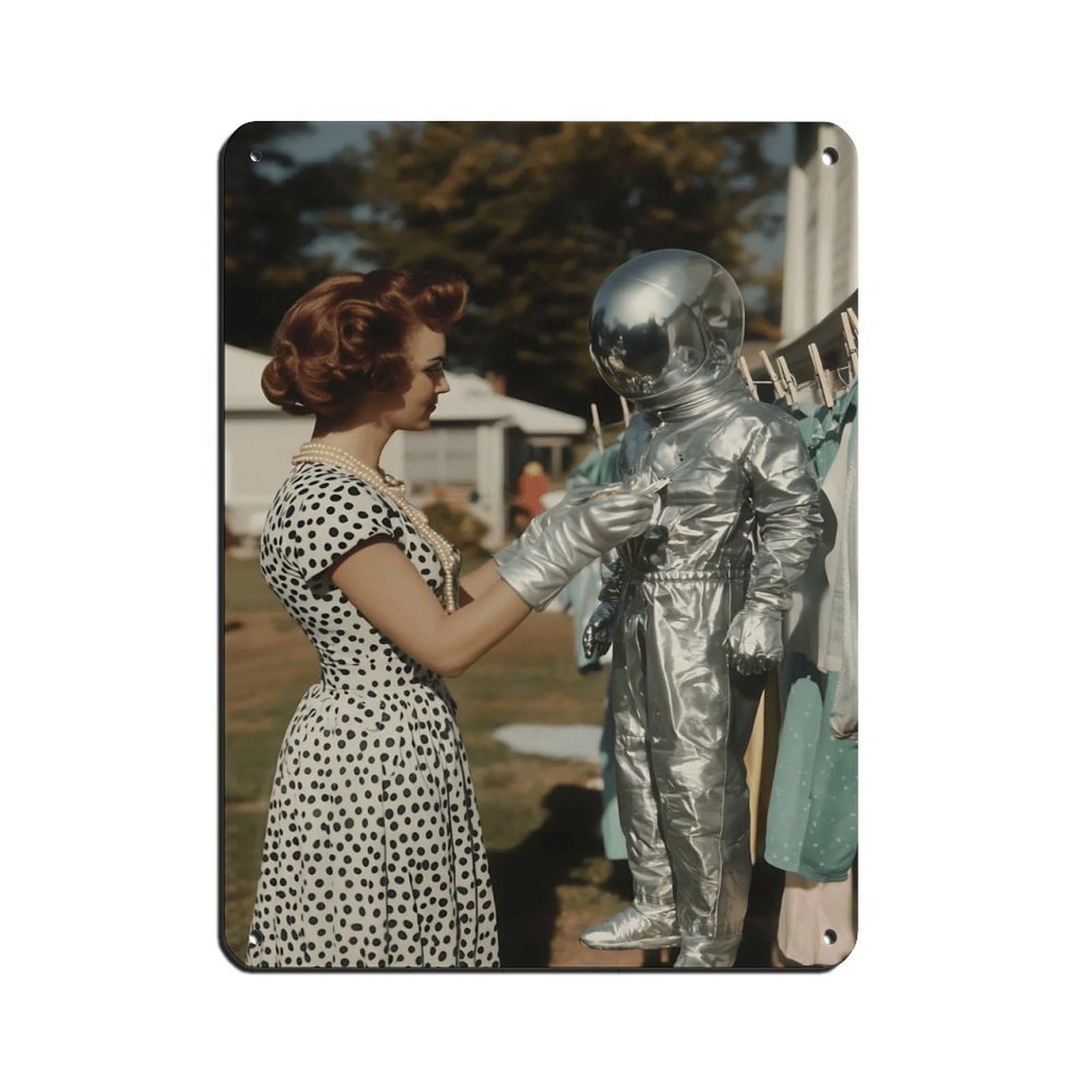 Retro Housewife with Spaceman Suit Tin Sign Vintage Metal Pub Club Cafe Bar Home Wall Art Decoration Poster Retro 12x16inch(30x40cm)