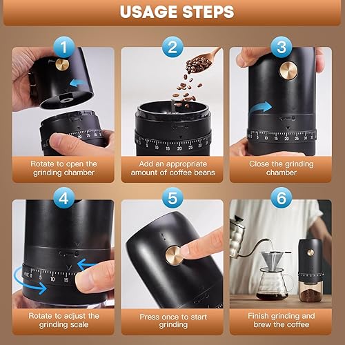 Miniatura 5 de Molinillo de café eléctrico portátil, mejorado externo ajustable 40 niveles de ajuste fino a grueso, rebabas cónicas de acero inoxidable recargables