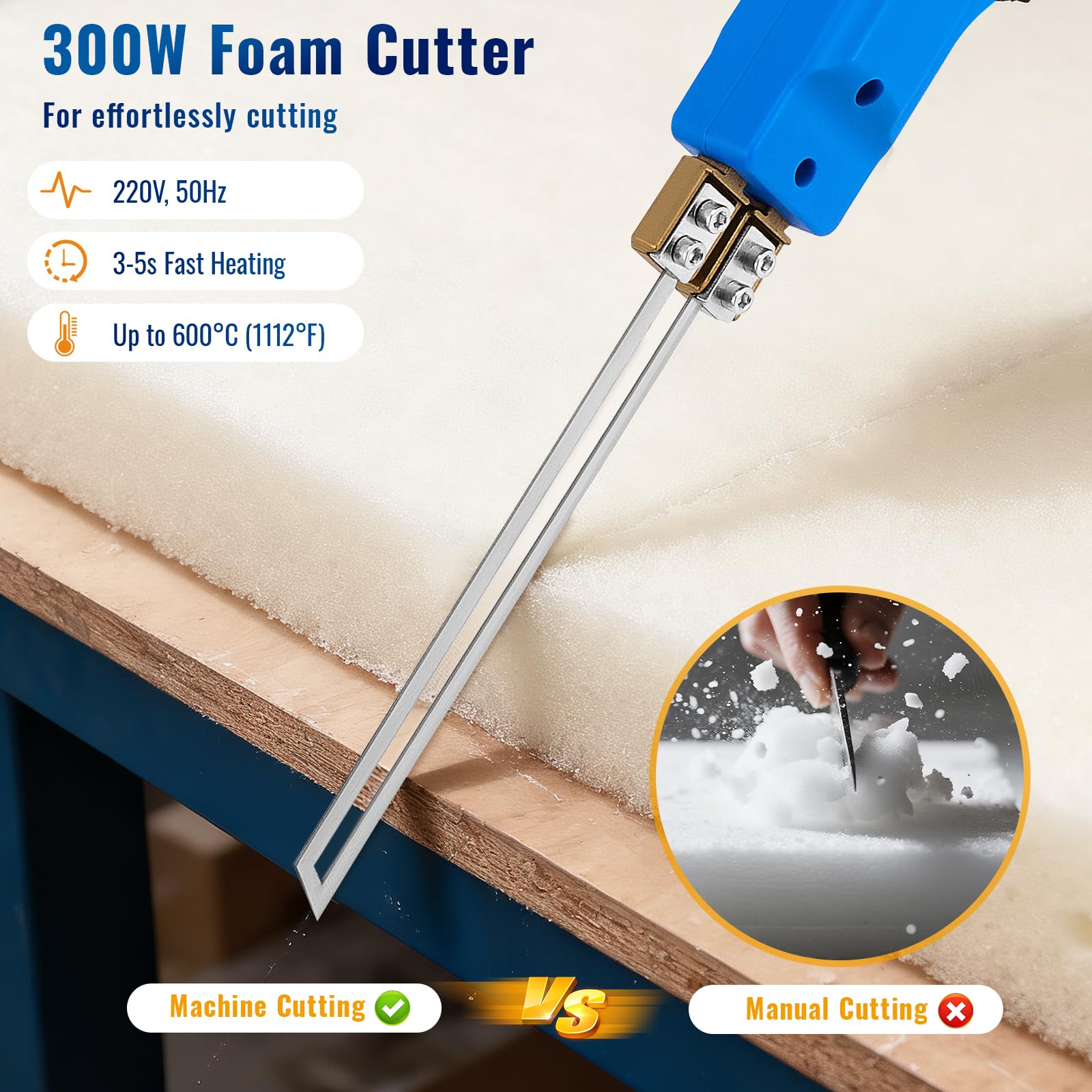 300W Couteau Chaud Electrique, Couteau Thermique, (50-600℃) Température Réglable, Decoupe Polystyrene avec Lames Droites 10cm+15cm pour EPS, KT Board, EVA, PU, Corde, Tissu, Mousse