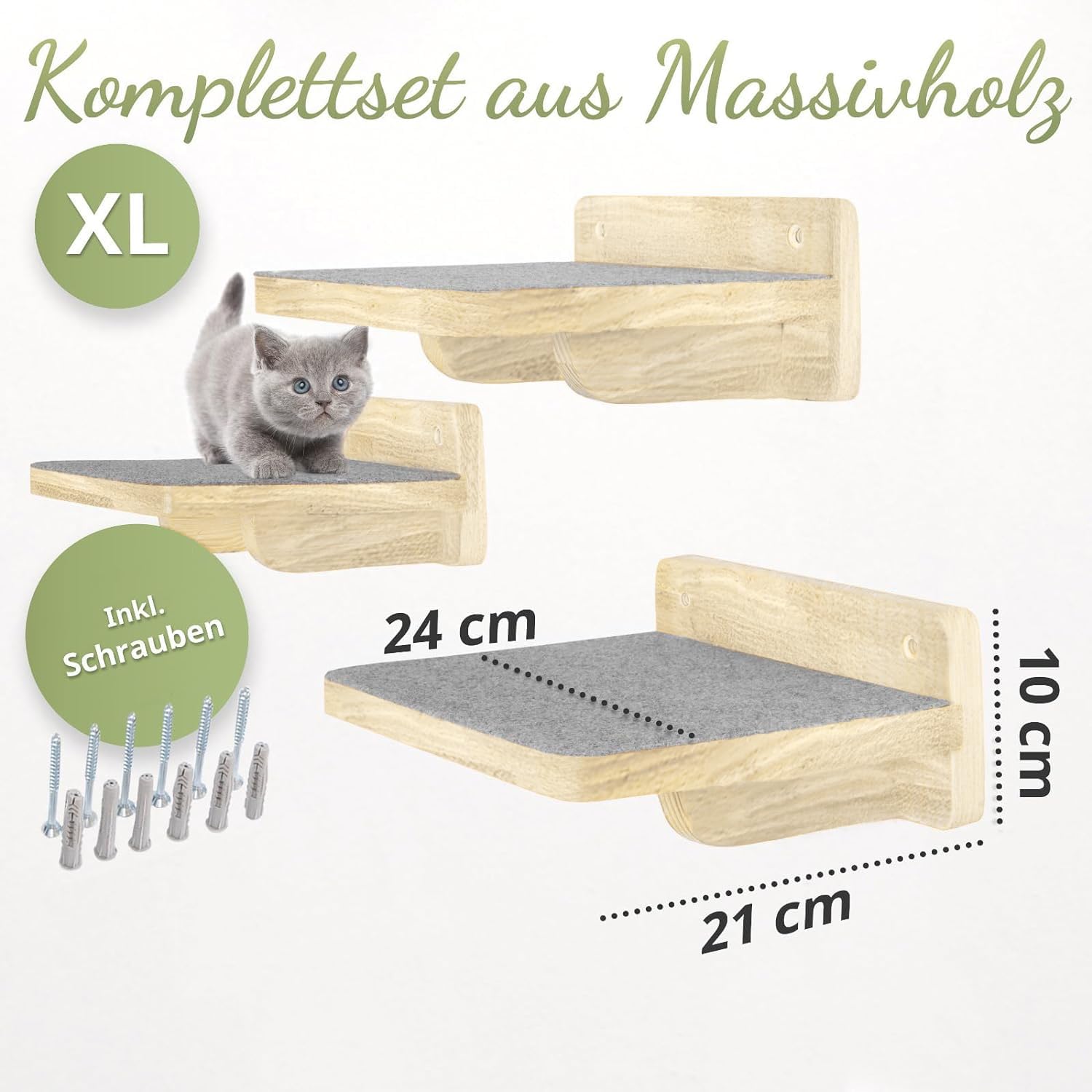 WOOWOOD® Katzentreppe Wand 3er-Set XL, Kletterwand Katzen, Naturhell | Naturholz, extra große XL-Trittflächen, einstellbare Sprungabstände, für Jung- und Altkatzen