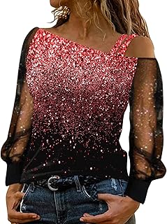 Top de fiesta para mujer sexy para mujer, impresión de hombros fríos, camiseta de malla de manga larga empalmada, blusa, tops