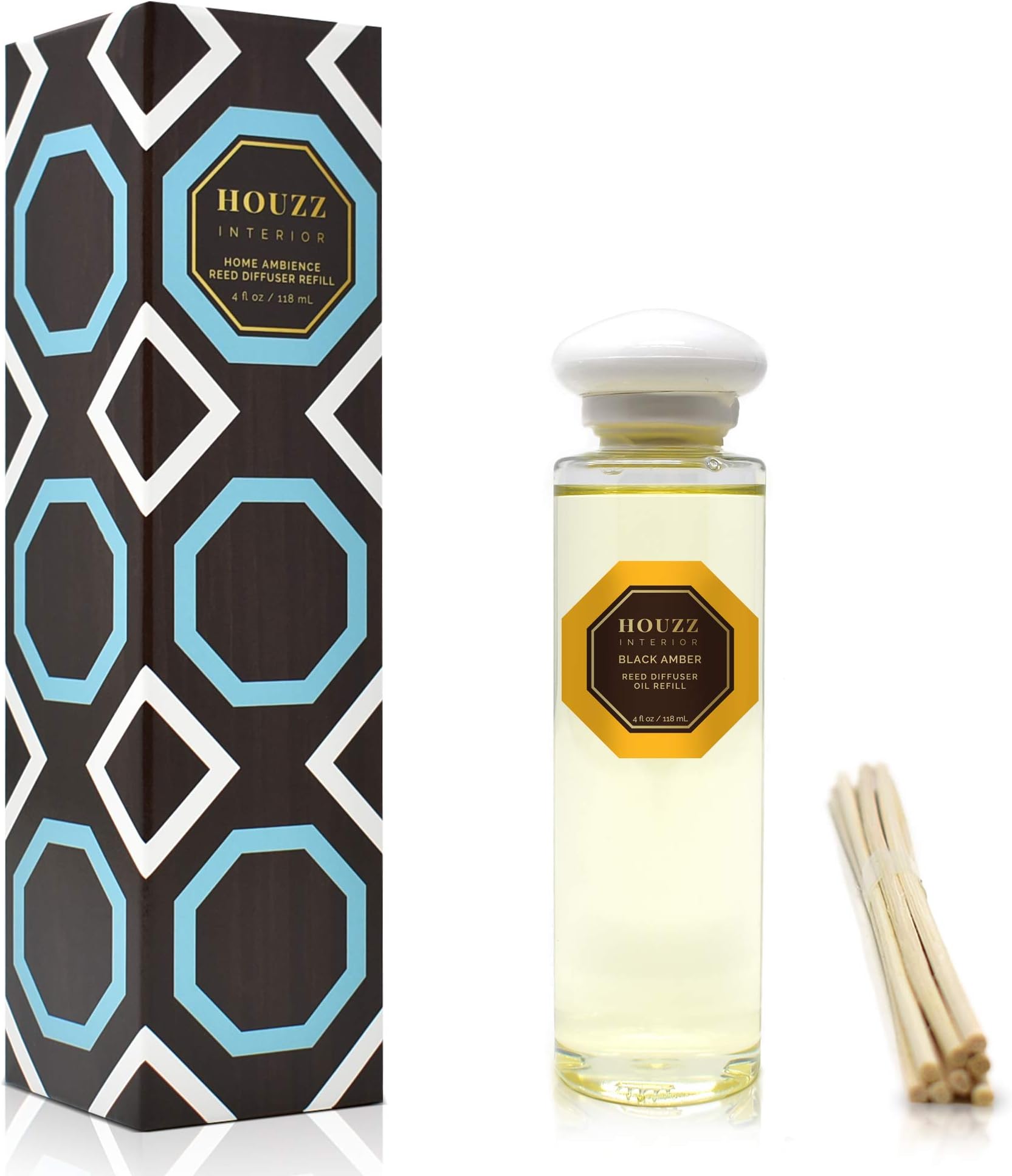 Black Amber Reed Diffuser Refill Oil Room Scent with Reed Sticks! Room Fragrance Made with All Natural Essential Oils – Notes of Amber Resin, Sandalwood & Vanilla Orchid – Easy to Use