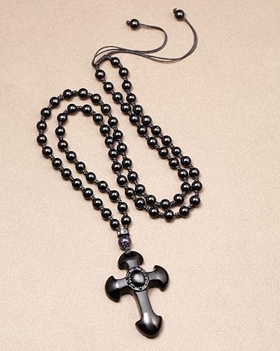 Miniatura 3 de Jewever Collar con colgante de cruz de obsidiana negra para hombres y mujeres, collar curativo de cristal real, cadena de cruz, cruz de cristal