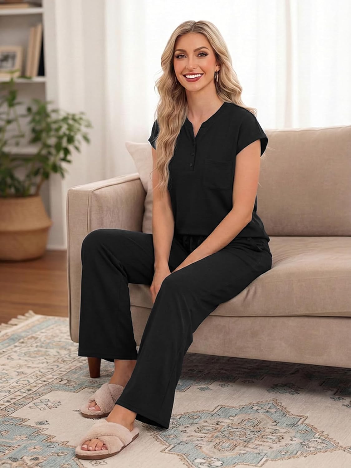 Casly Lamiit Women's 2 Piece Sets 2026 Casual Travel Outfits Airport Cap Sleeve V Neck Top Crop Pants Matching Lounge Set - Image 5