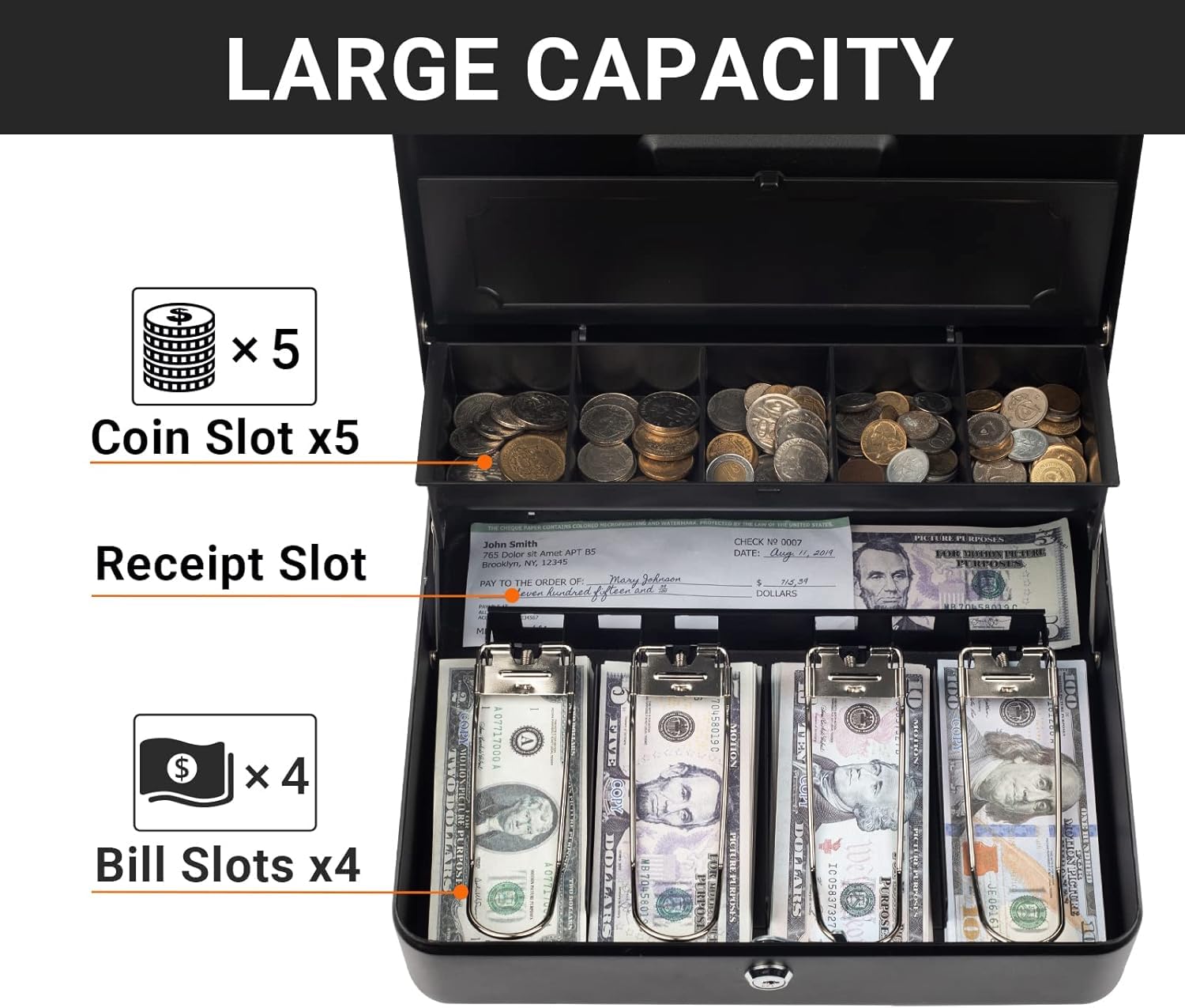 Tera Grande cassetta portavalori con vassoio per soldi e serratura a combinazione, 4 banconote e 5 scomparti per monete, in metallo, portatile, per la sicurezza, 30 x 24 x 8,9 cm (lunghezza x altezza