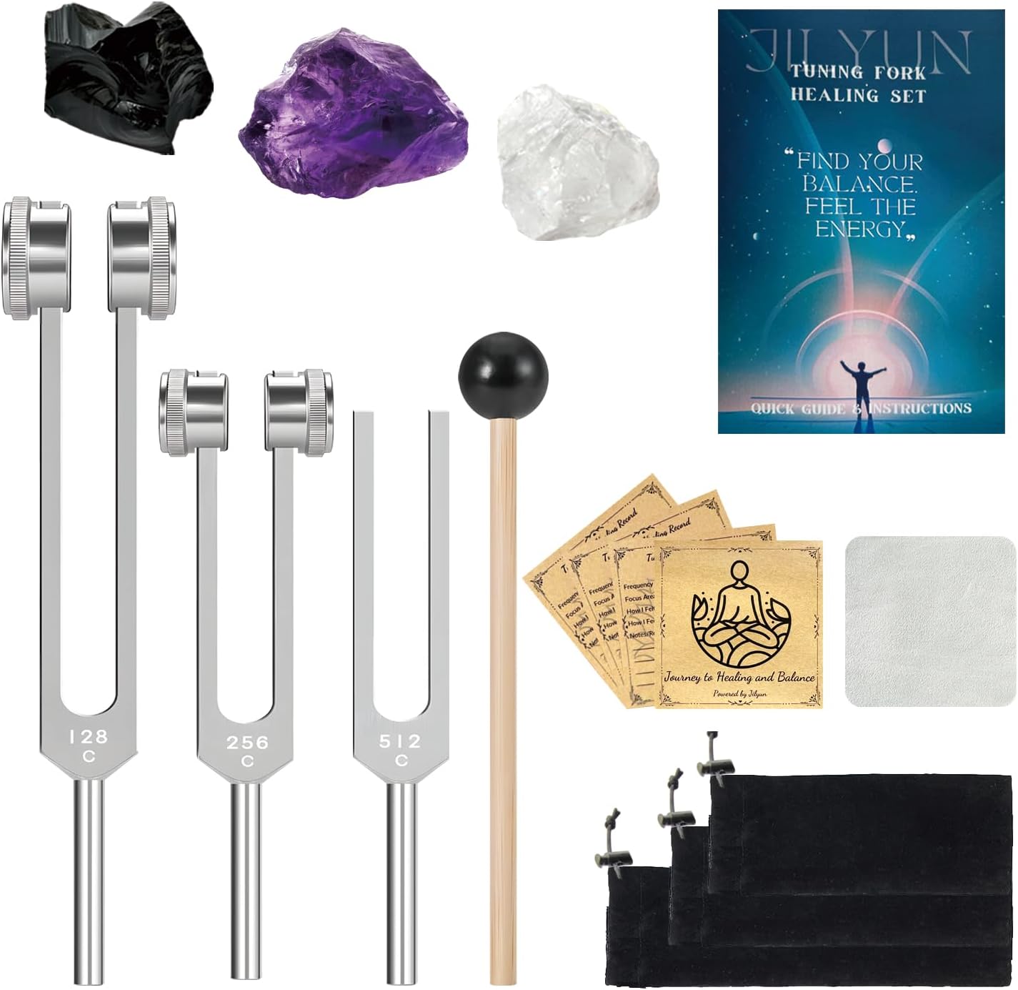 Tuning Forks for Healing (128Hz, 256Hz, 512Hz)- Weighted & Unweighted Sound Healing Instruments for Yoga, Meditation & Chakra Balancing - with Obsidian, Amethyst & Clear Quartz Crystals, Gift Box