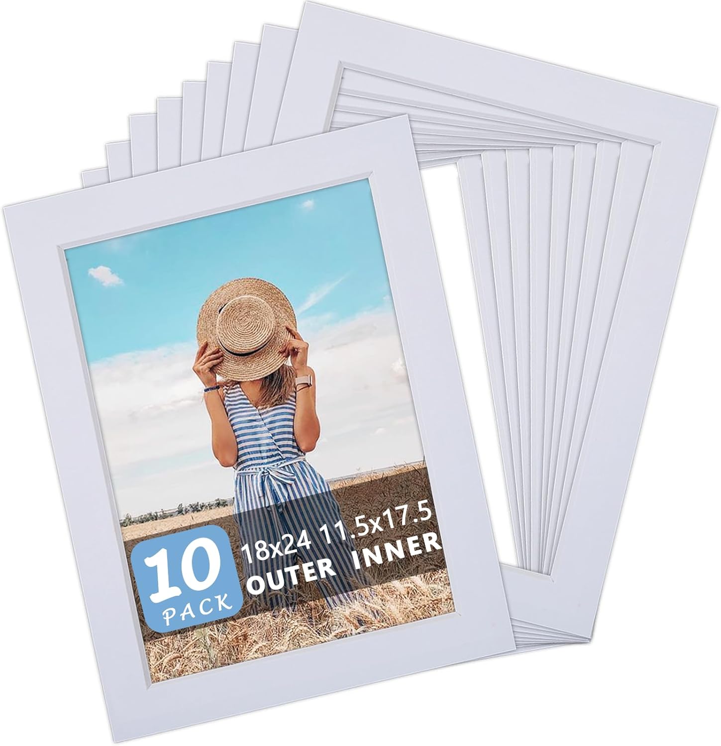 Somime 10 Pack Pre-Cut 18x24 White Picture Mats for 12x18 Photos - White Core Bevel Cut Frame Matte, Acid Free, Ideal for Frames/Artwork/Prints