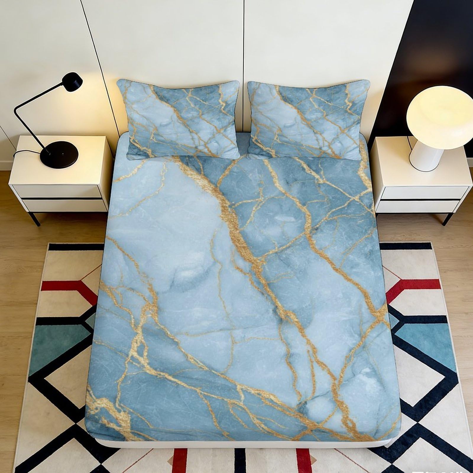 Pnayamiorkfel Style-9 3D Printed Blue Marble Fitted Sheet Microfiber Non-Slip Golden Vein Bed Cover For Bedroom Dorm Mattress Decoration 90X200x25cm