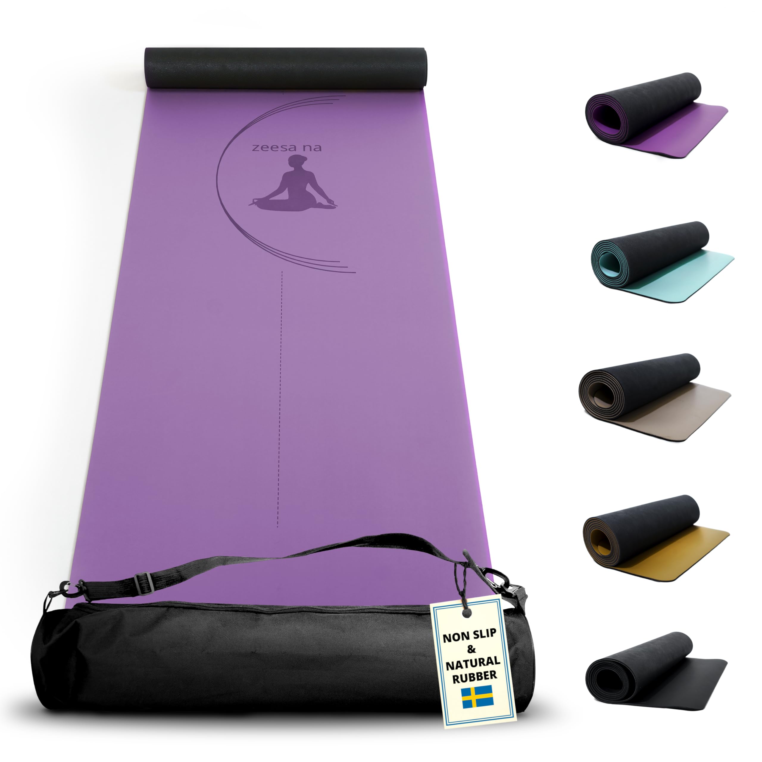 Zeesa Na Premium Natural Rubber Yoga Mat with Bag, Hot Yoga Mat Non Slip Grip, 4 mm Thin with Exceptional Cushioning due to Durable 2-Layer Design, Stretching and Home Workout, L 72” x W 24”
