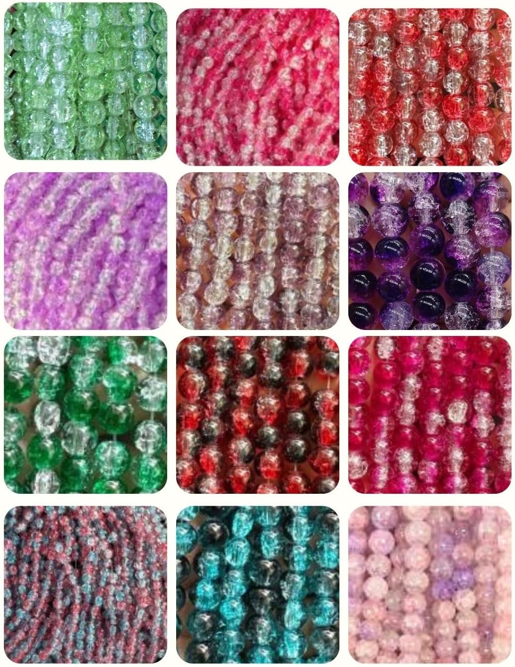 Crystal Glass Crackle Beads Set, 8mm Round, 12 Assorted Colours, 1200 Pieces Total, Translucent Effect for Jewellery Making, DIY Crafts