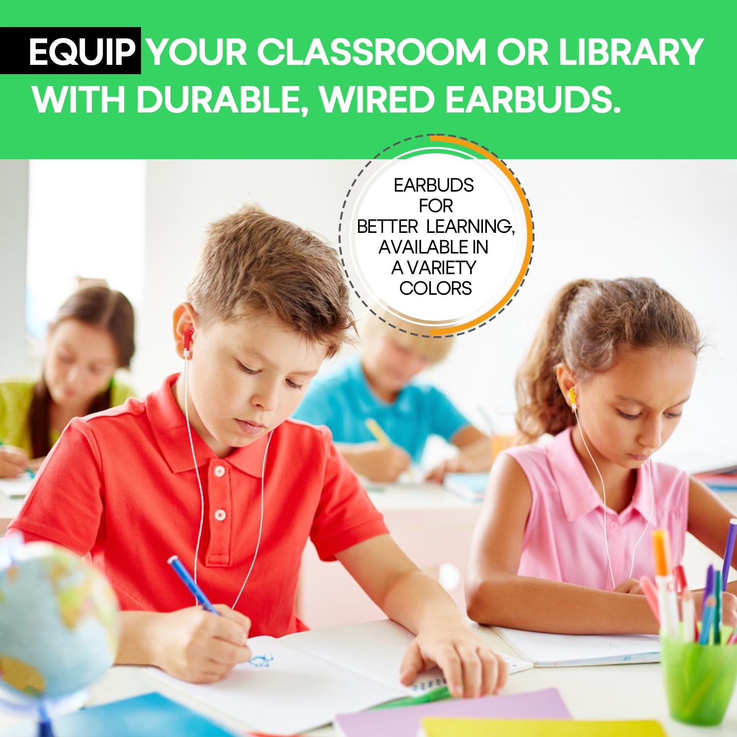 Confezione da 200 auricolari per bambini, per scuola, scuola, biblioteca, bambini, studenti, multicolore, confezionati singolarmente (HTC001)