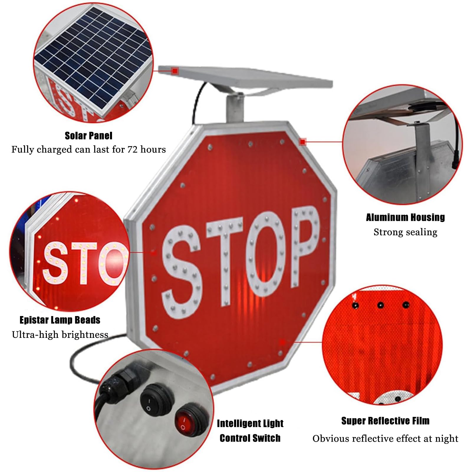 Señales de tráfico octogonales LED solares intermitentes de 61.0 cm/30 pulgadas, de aluminio, reflectante, con LED parpadeantes, IP65, polvo e impermeable, rojo