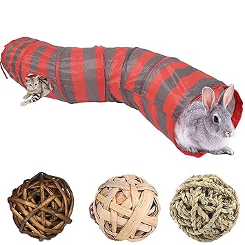 Tfwadmx Bunny Tunnel, Rabbit Tunnels and Tubes,?��3 Pack of Grass Balls - Red and Gray Collapsible Hideaway Small Animal Activity Tunnel Toys for Chinchillas Ferrets Guinea Pigs Gerbils Hamsters