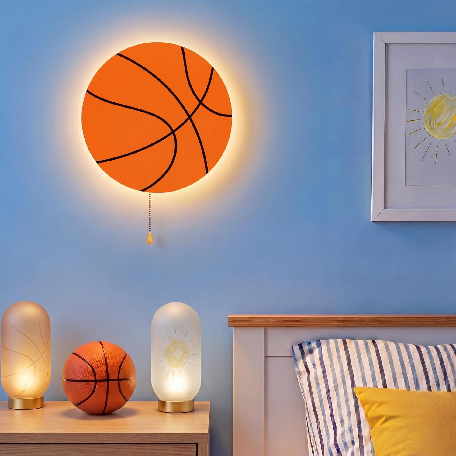 Aurelema Basketball Night Light Wall Lamp Sleeping Nursery Lighting Cute Floating Battery Operated Hanging Lamp for Baby Boys Girls Bedroom Room Nursery Wall Decorations