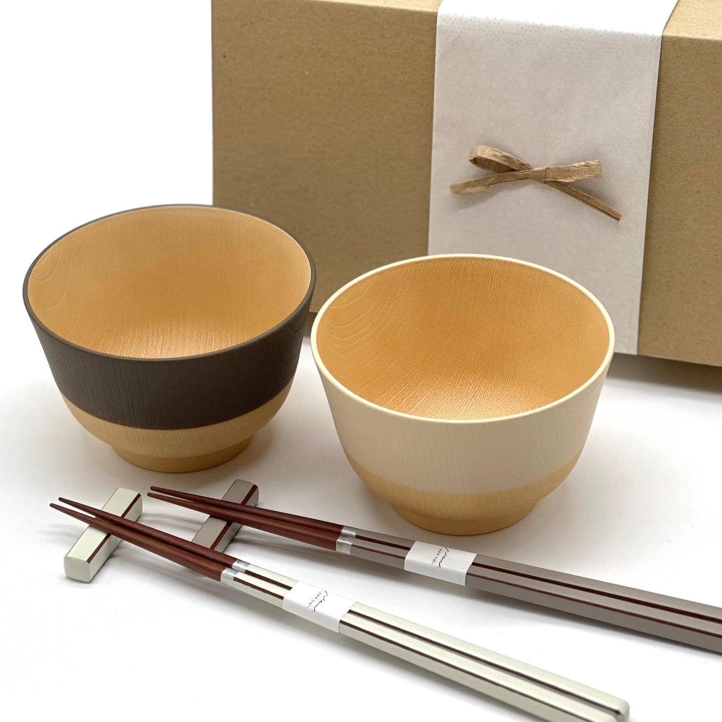 Yamake Lacquerware Shop Bowl Chopsticks Set with Gift Box Gift Set Present (Brown Ivory) : Home & Kitchen