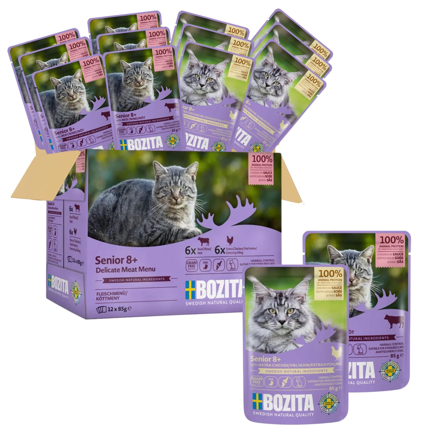 Bozita Senior Wet Food for Cats from 8 Years - Multibox - 6 x Beef - 6 x Lots of Chicken in Sauce - 12 x 85g - Wet Cat Food Grain Free-picture-28