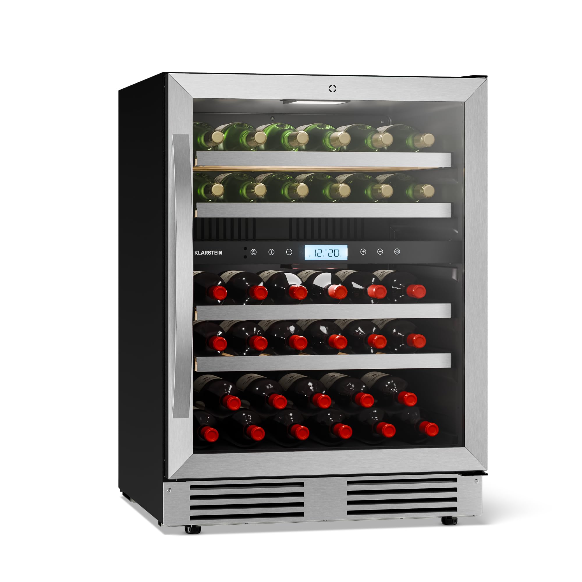 Klarstein VeroSteel Unterbau-Weinkühlschrank – Zweizonen-Weinkühlschrank für 43 Flaschen, UV-Glastür, Touch-Bedienfeld, ausziehbare, leicht zugängliche Holzregale