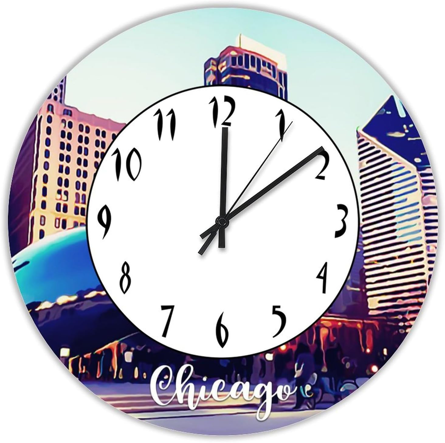 Chicago City View Wall Clock Chicago 15 Inch Round Wall Clocks Battery Operated Silent Non-Ticking Modern Hanging Clock for Bedroom Living Room Farmhouse Wall Decor