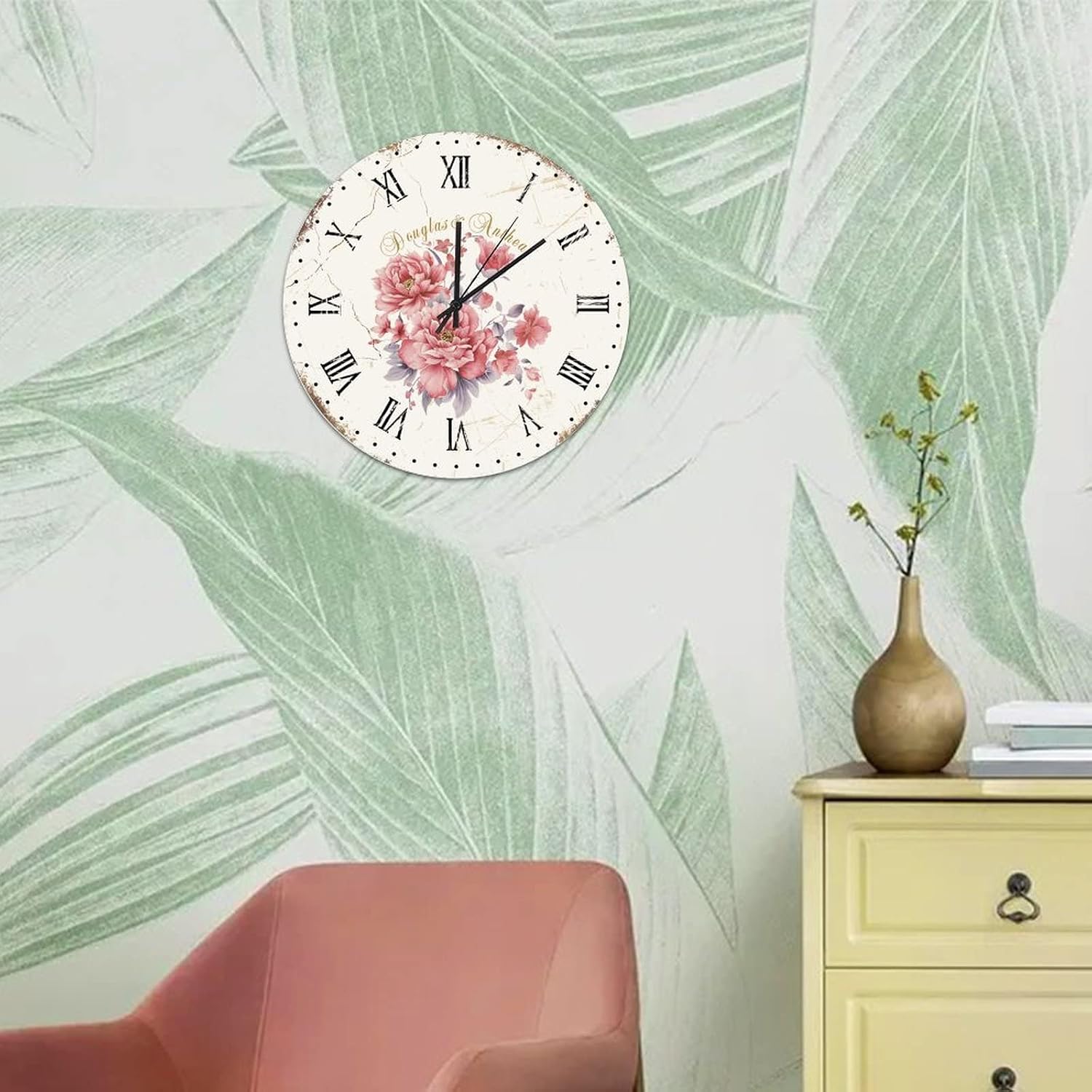 Vintage Pink Flower Hanging Clock Antique Flowers Wood Wall Clock 10in Silent Non Ticking Battery Operated Shabby Chic Popular Wall Decor for Farmhouse Sunroom Office Man Cave image 5