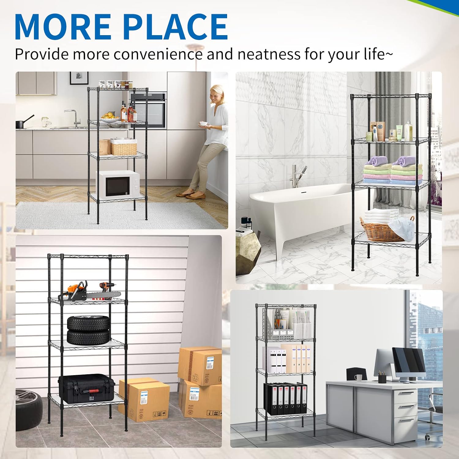 Wire Shelving Unit with PP Liners, 4 Tier Metal Storage Shelves for Laundry Room Organization, Closet Shelf Organizer, Kitchen Rack, Garage Storage, Black, 18" x 12" x 44"