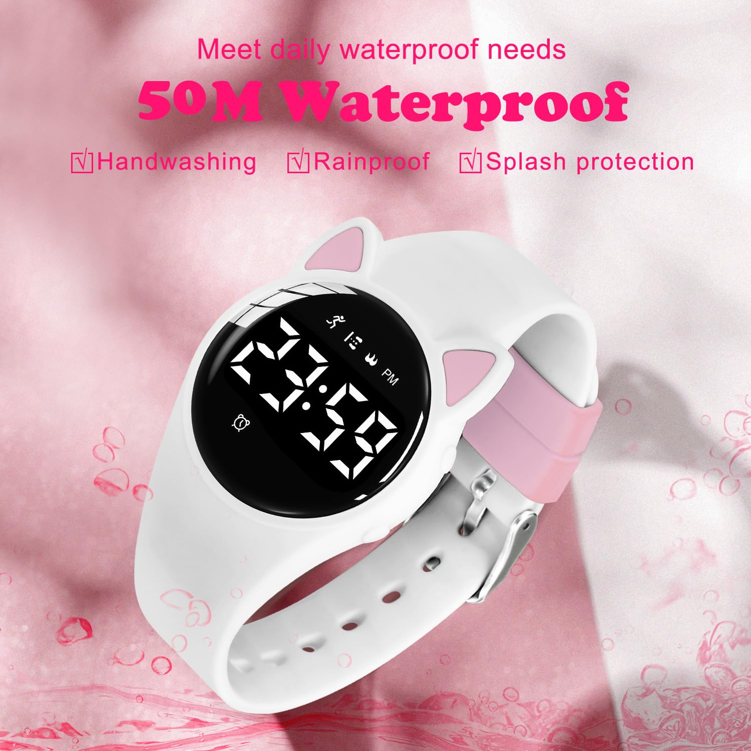 A ALPS Kids Digital Sport Watch with water splashes, indicating 50M waterproof rating for handwashing, rain, and splash protection.