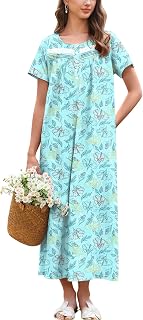 Ekouaer Nightgown for Women Cotton Long Night Gown Short Sleeve Nightdress with Pockets Button Sleepshirt Soft Sleepwear