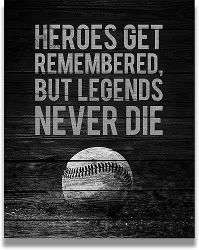 Heroes Get Remembered Legends Never Die - Citas motivacionales de béisbol - Arte de pared de béisbol para dormitorio de niños, regalo de entrenador