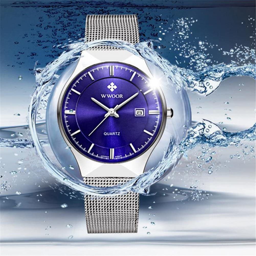 Reloj de Pulsera para Hombre, Ultra Fino, de Acero Inoxidable, Correa de Malla, Cuarzo, con Fecha, Resistente al Agua