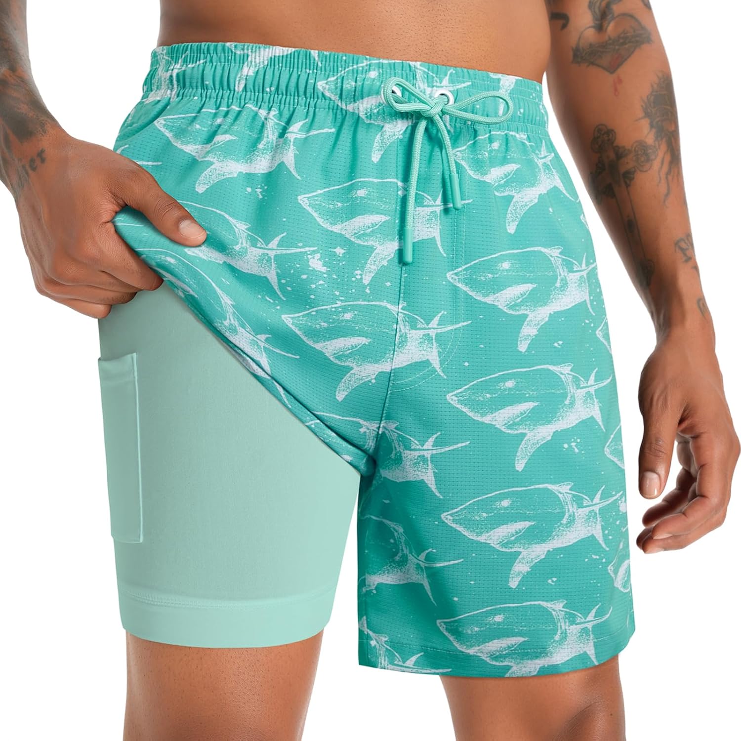 ELETOP Men's Swim Trunks with Compression Liner Bathing Suit Beach Board Shorts with Zipper Pockets