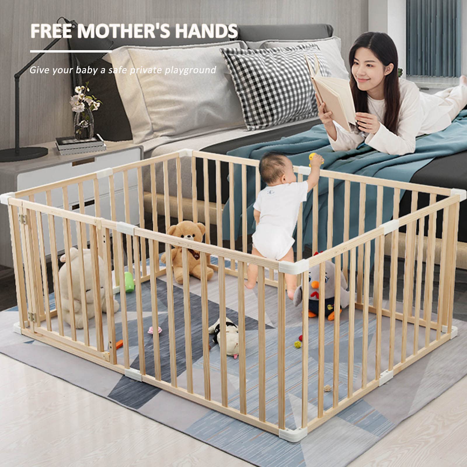 Jolan Wooden Baby Playpen 90×100cm 110×110cm 120×150cm 150×180cm 180×200cm,Breathable/Durable Baby Fence,Indoor Outdoor Kids Safety Playard Playpen,Crawling Fence,Removable,150×200cm
