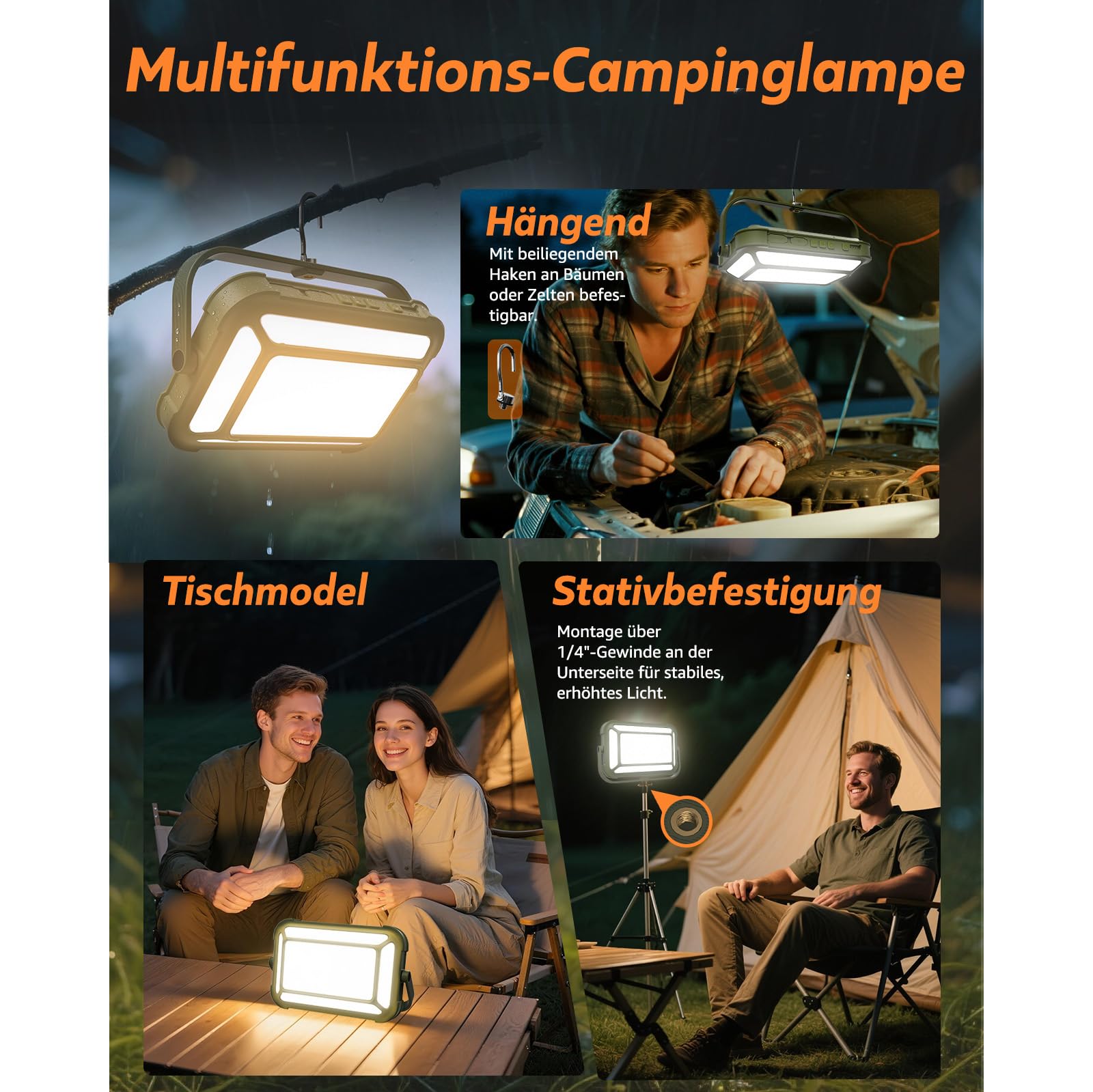 Campinglampe, IP65 Wasserdicht Tragbar Aufladbar Zeltlampe für Camping mit 3 Farben/SOS-Funktion/10000mAh Akku/USB-C, LED Camping Licht für Stromausfällen, Hurrikanen, Wandern, Zelten