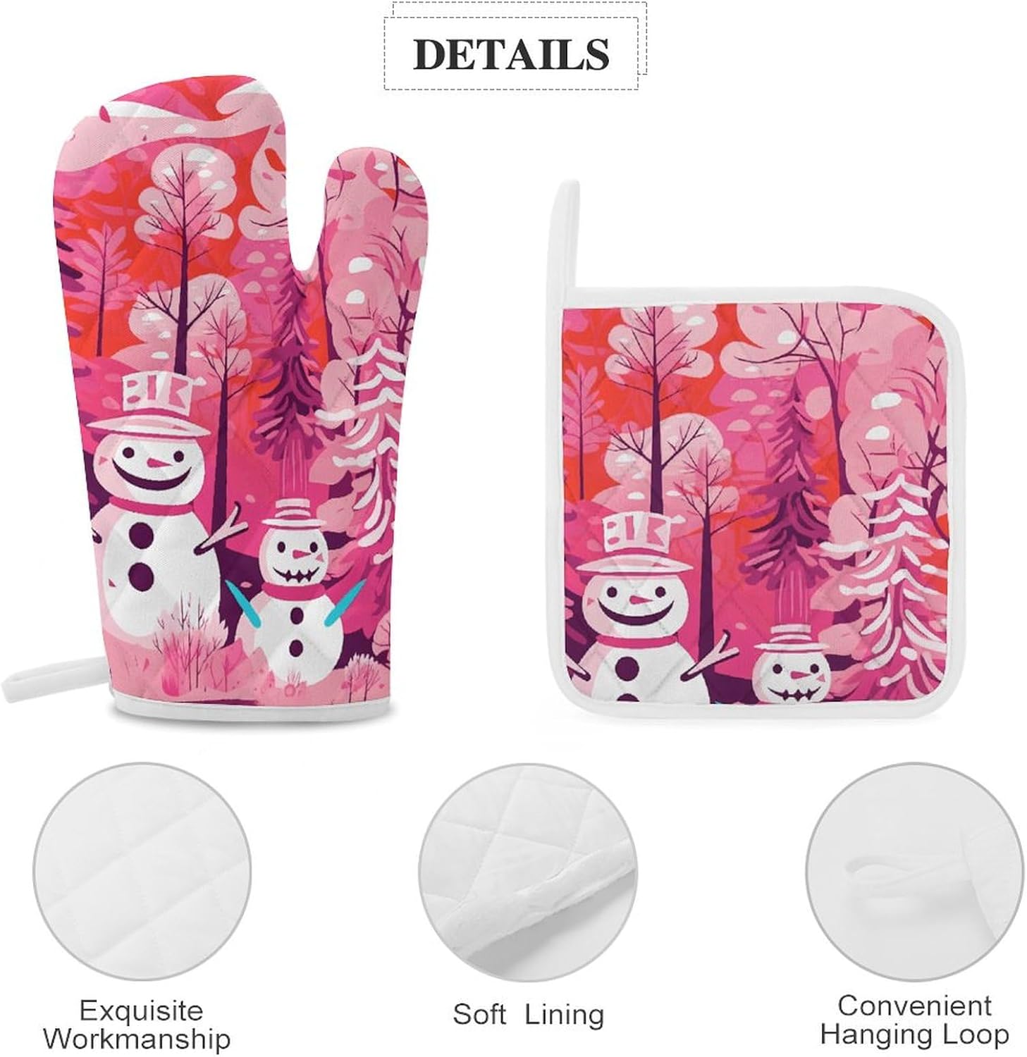 Oven Mitts Pot Holders Kitchen Big Snowman and Little Snowman Heat Resistant Oven Glove for Baking and Cooking