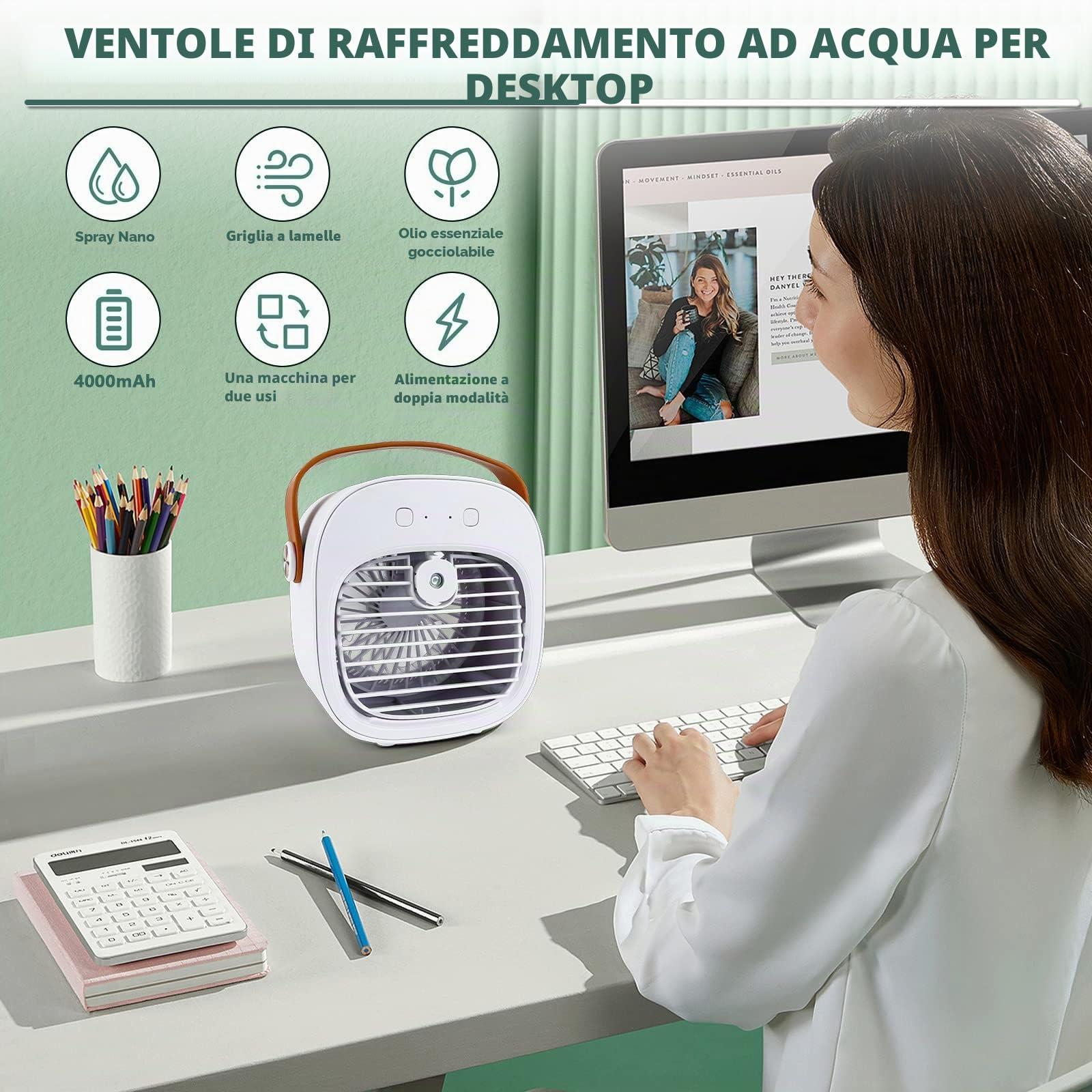 Mini Condizionatore Portatile, 2 in 1 Mini Raffreddatore d'aria Portatile, Piccola Ventola di Raffreddamento Dell'aria Personale USB con 3 Modalità per Casa Interni ed Esterni