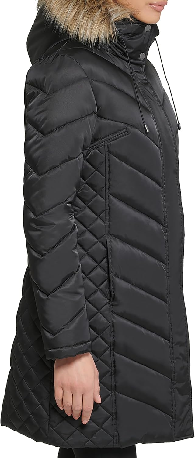 Kenneth Cole Women's Heavyweight 3/4 Puffer With Faux Fur Trimmed Hood - Image 3