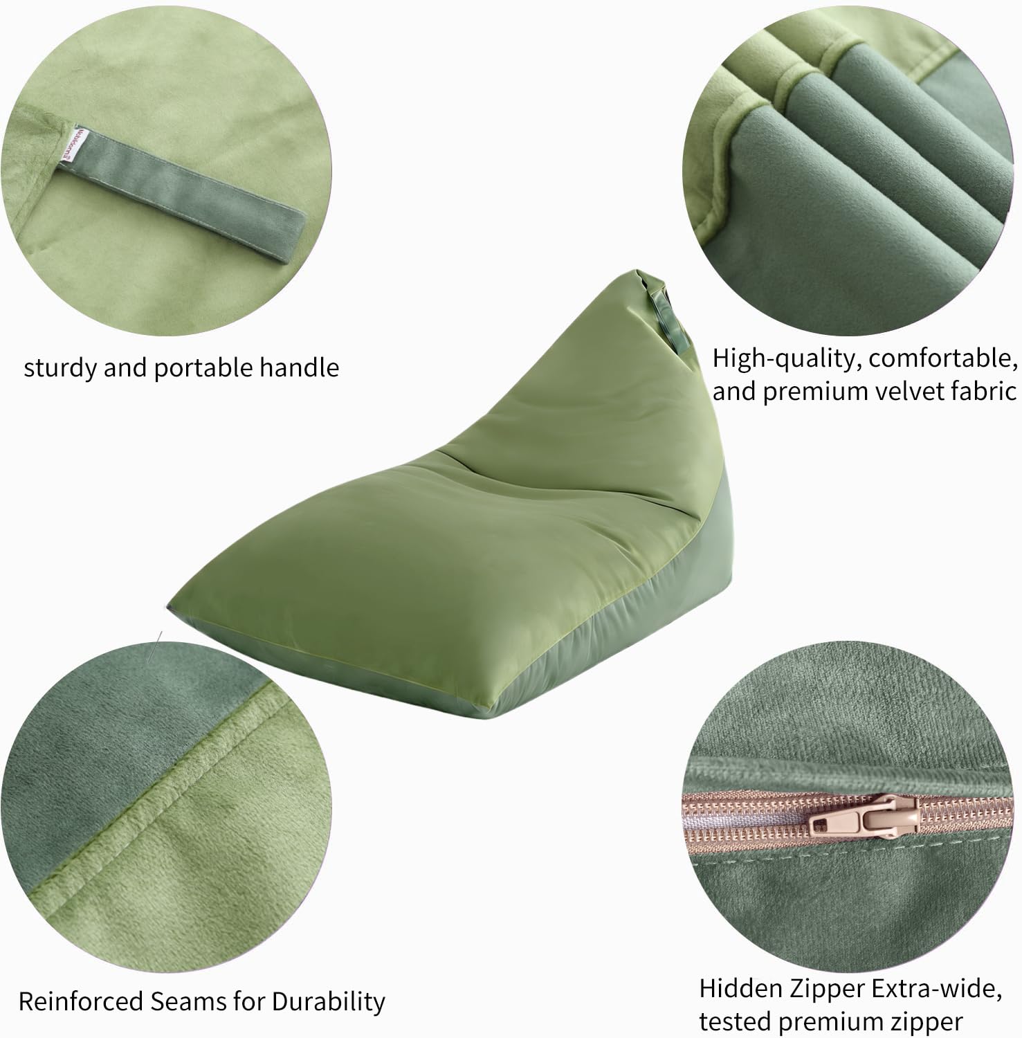Fodera per poltrona sacco (senza imbottitura) per adulti, extra large triangolare da 250 l, lavabile, senza imbottitura, ultra morbida, rivestimento in velluto di alta qualità (verde)