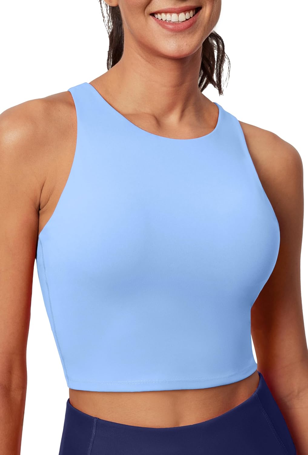 Ewedoos Tank Tops with Built in Bras Longline Sports Bras for Women High Neck Racerback Sports Bra Padded Workout Crop