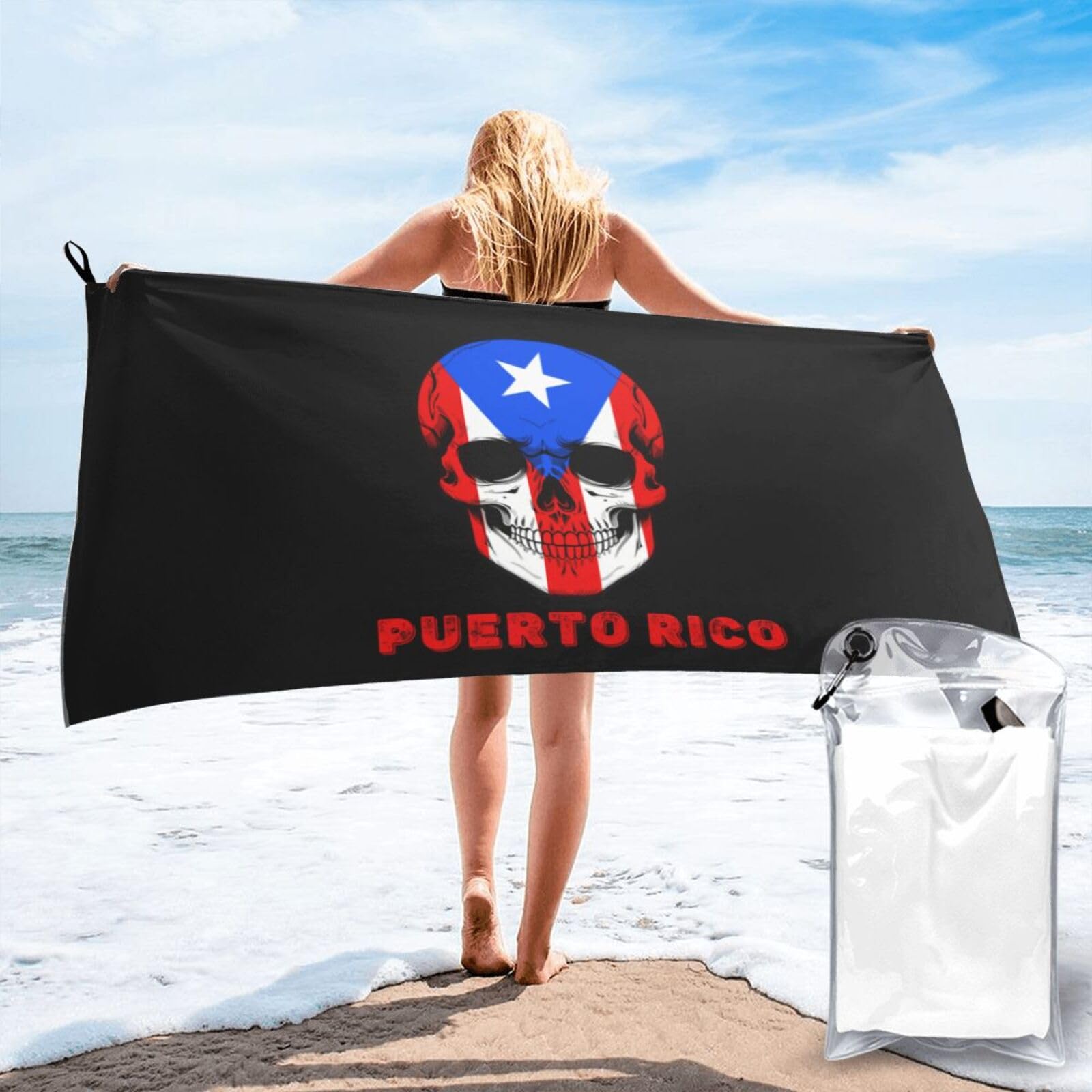HACXZ Skull Puerto Rico Flag Lightweight Absorbent Beach Towel Microfiber Beach Towel 31.5"X63"