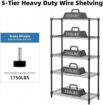 Black 1250 lbs Storage Shelving Utility Shelving Unit 5-Tier Utility Shelving Unit Steel Organizer Wire Rack for Home,Kitchen,Office (13.7 D x 23.6 W x 62.4 H)