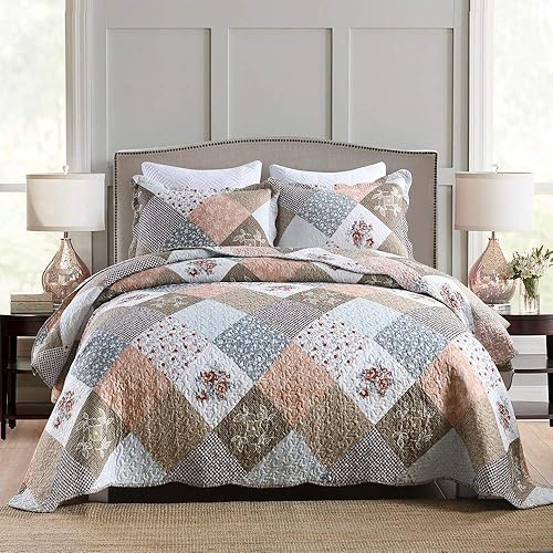 Travan - Juego de edredón de 3 piezas reversible y ligero, ropa de cama con fundas de almohada para todas las estaciones, estampado floral marrón,