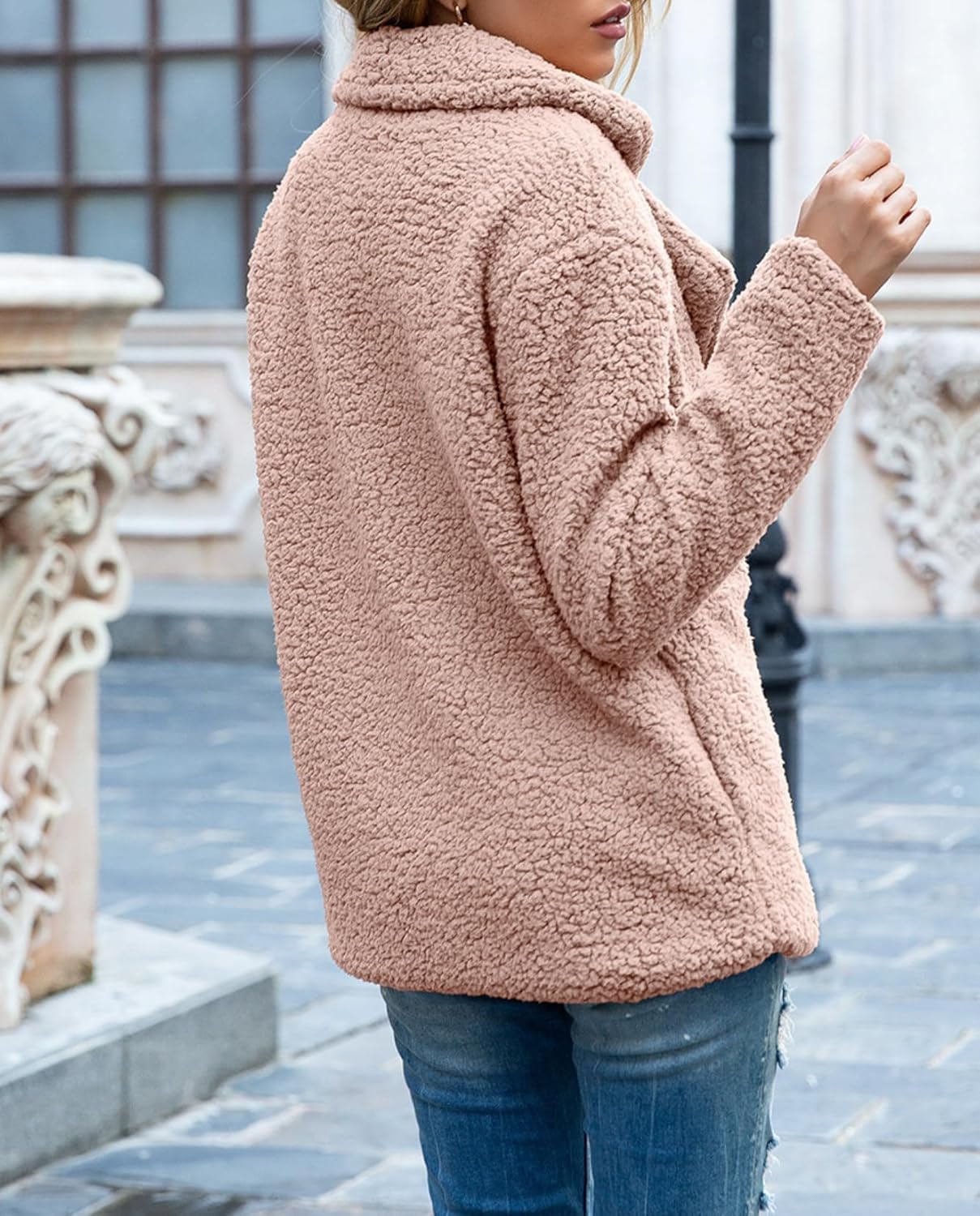 Women's Winter Warm Plush Cardigan Fuzzy Fleece Lapel Jacket with Buttons Pockets Long Sleeve Casual Outerwear - Image 6