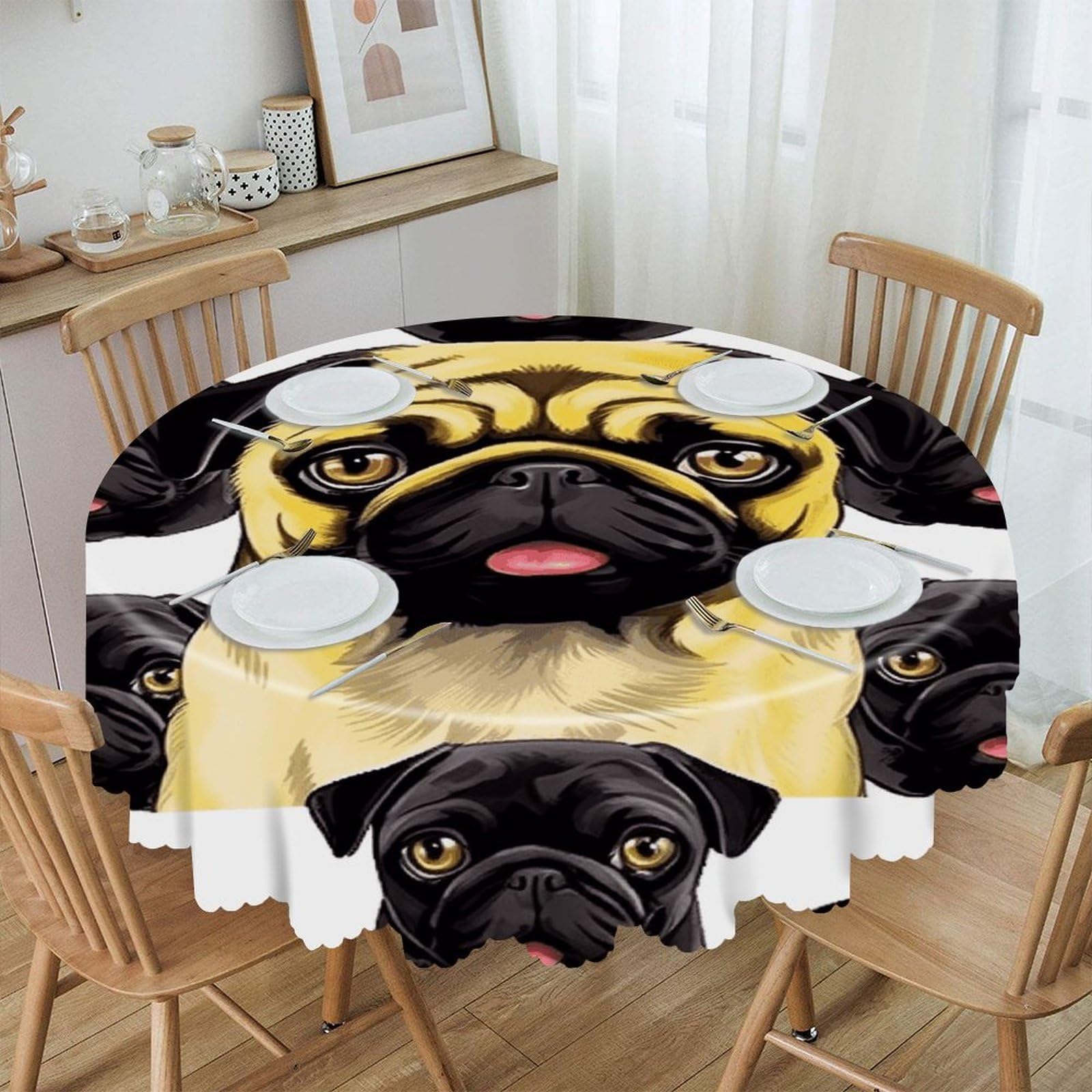 VstaDank 60 Inch Round Black Yellow Pug Tablecloth Polyester Waterproof Wrinkle Free Table Cloth Spillproof Washable Table Cover Colorful Tablecover Decor for Home Kitchen Dining Party