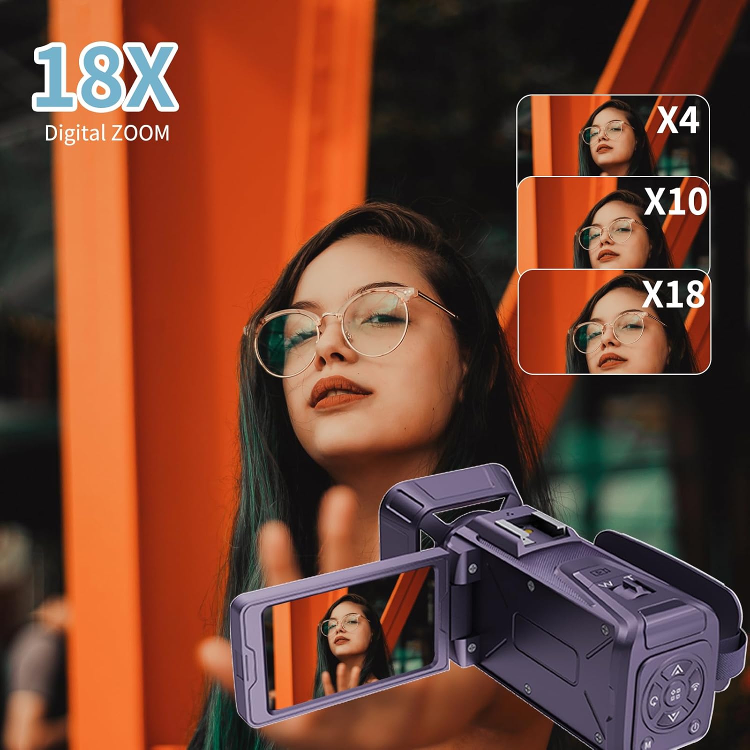 4K Video Camera Camcorder 64MP WiFi for YouTube Vlogging, 18X Digital Zoom 3" 270° Flip Screen, with 32GB SD Card & Card Reader, Built-in 2500mAh Battery (Purple)