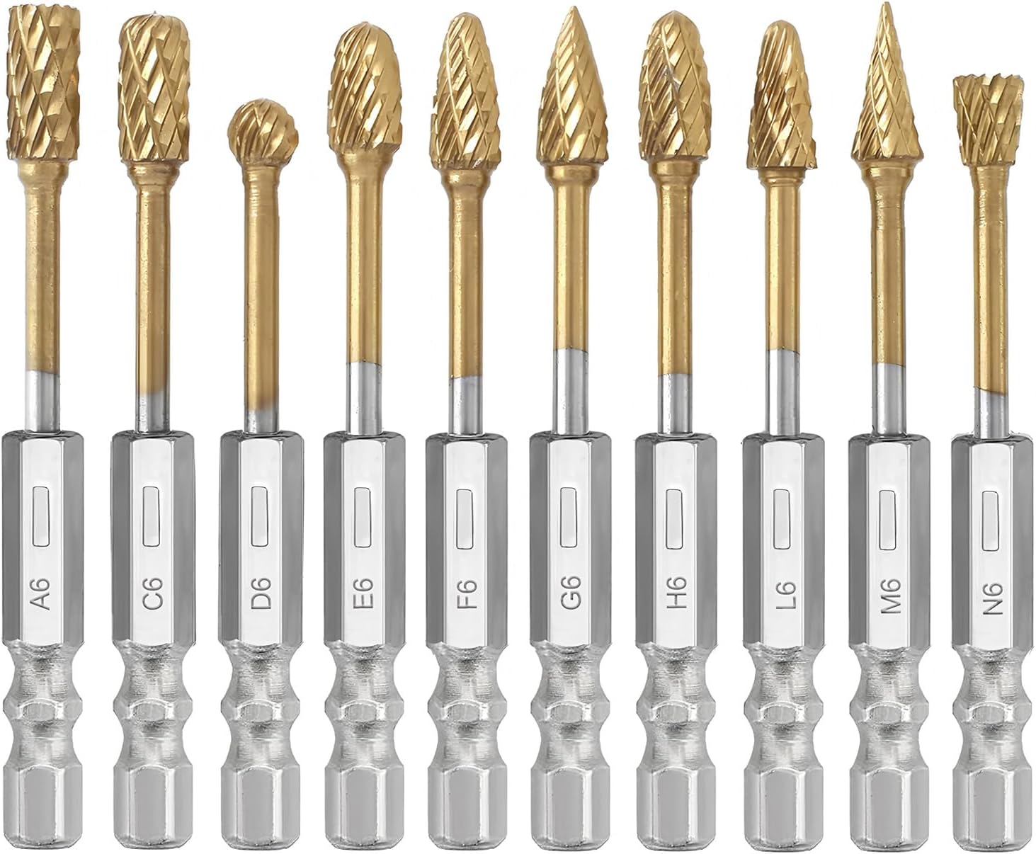 10Pcs Titanium Tungsten Carbide Burr Set for Die Grinder Bits, 1/4" Quick-Change Shank, Head Dia 6mm, Metal Wood Stone Steel Grinding Deburring Cutting Porting Carving