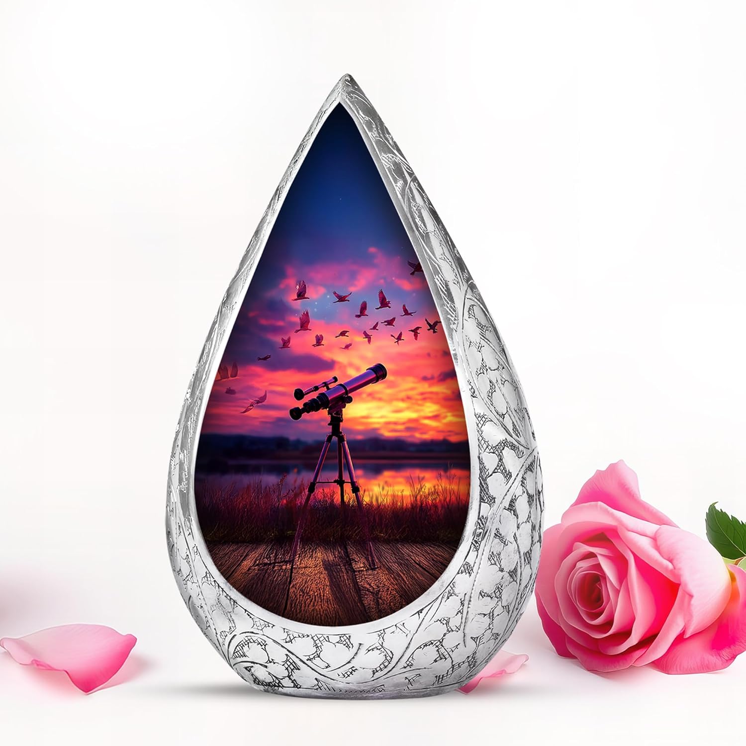 3 Inch Telescope Ashes Urn - Sunset Small Cremation Urns for Human Ash - Bird Memorial Keepsake - Mini Funeral Urns for Loved One - Birds Decorative Teardrop Urn for Ashes