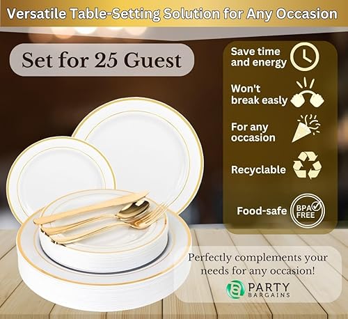 Miniatura 2 de PARTY BARGAINS Juego de vajilla de plástico desechable 125 para 25 invitados, 25 de cada uno platos llanos de 10 pulgadas, platos de ensaladapostre
