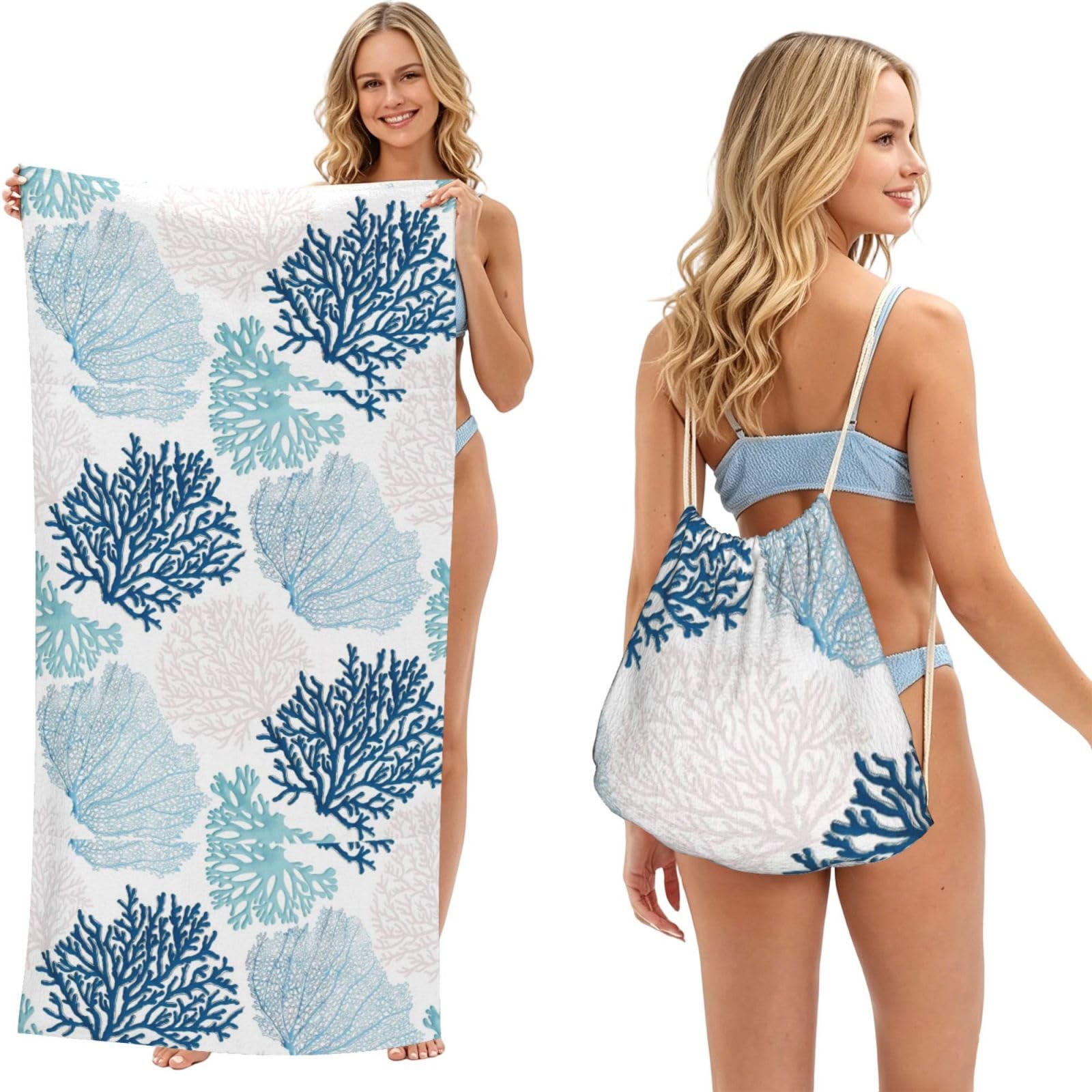 Poadnly As Picture Blue Coral Nautical Teal Sea Coral, 2 In 1 Packable Towel Bag, Beach Towels With Drawstring Backpack For Travel Holiday Camping