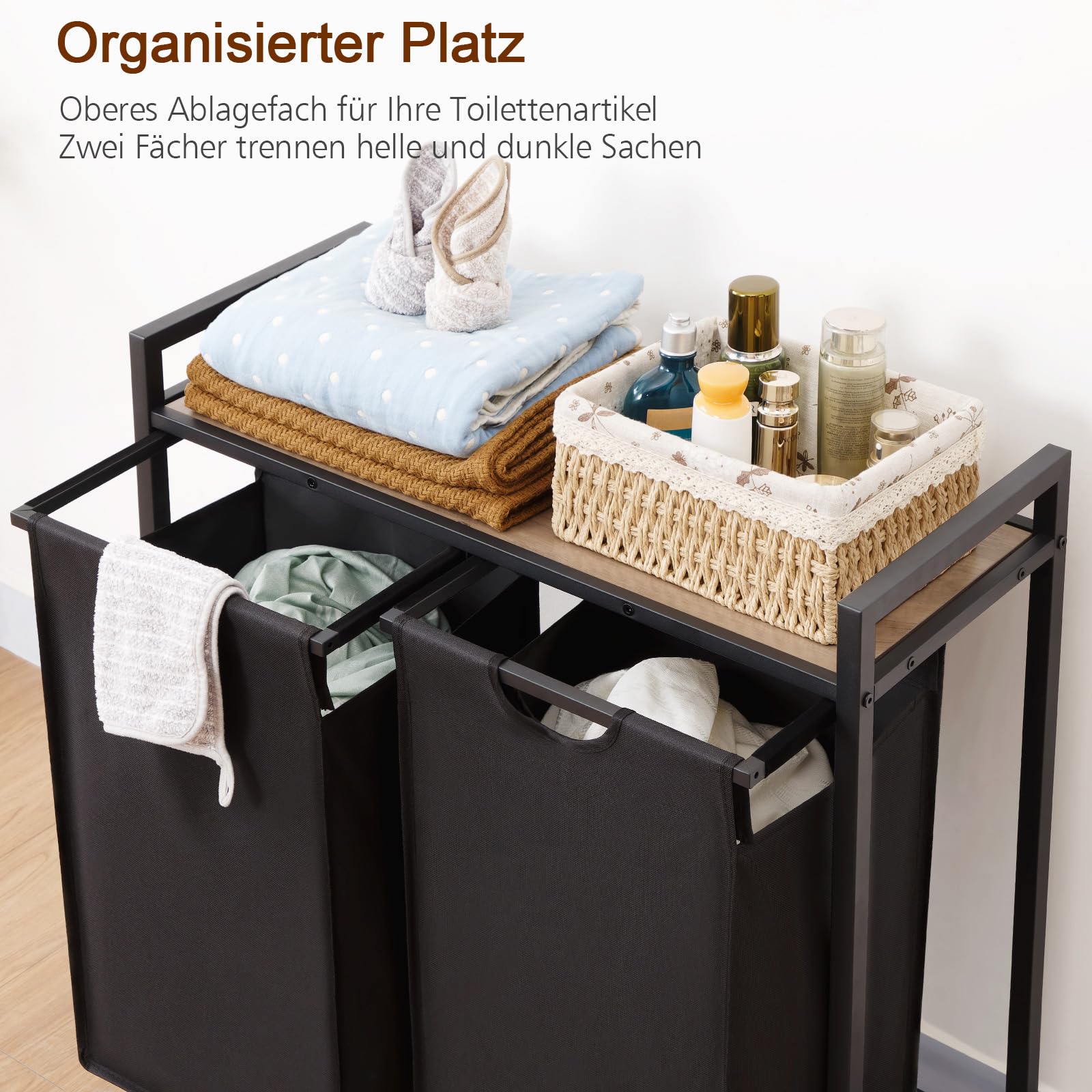AMHANCIBLE Cesto Ropa Sucia, 2 x 38 L, Cesto de Ropa Sucia, con 2 Clasificaciones, Cesta Colada con Estante y Bolsas Extraíbles, para Lavandería, Dormitorio, Baño, Gris, EHLS02GY