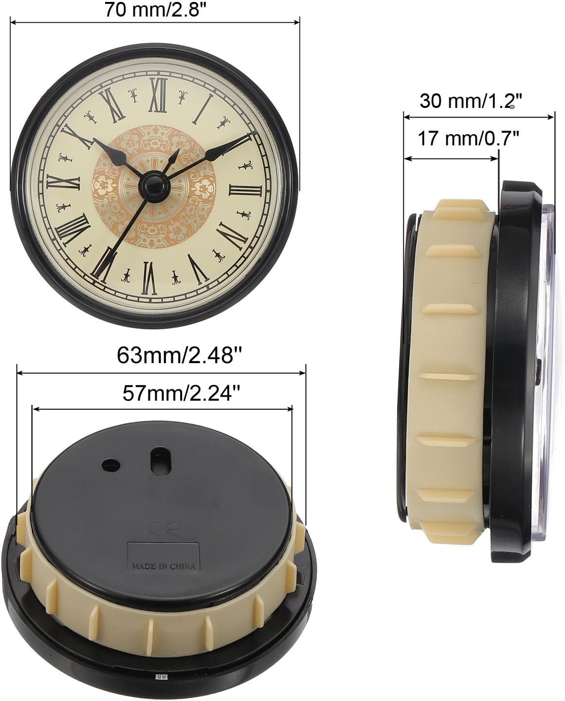PATIKIL 2.8" 70mm Quartz Clock Insert, Round Quartz Movement Miniature Clock Mini Roman Numeral Clock Fit 61mm/2.4"" Diameter Hole for Replacement Home, Black/Gold Tone, Style 6