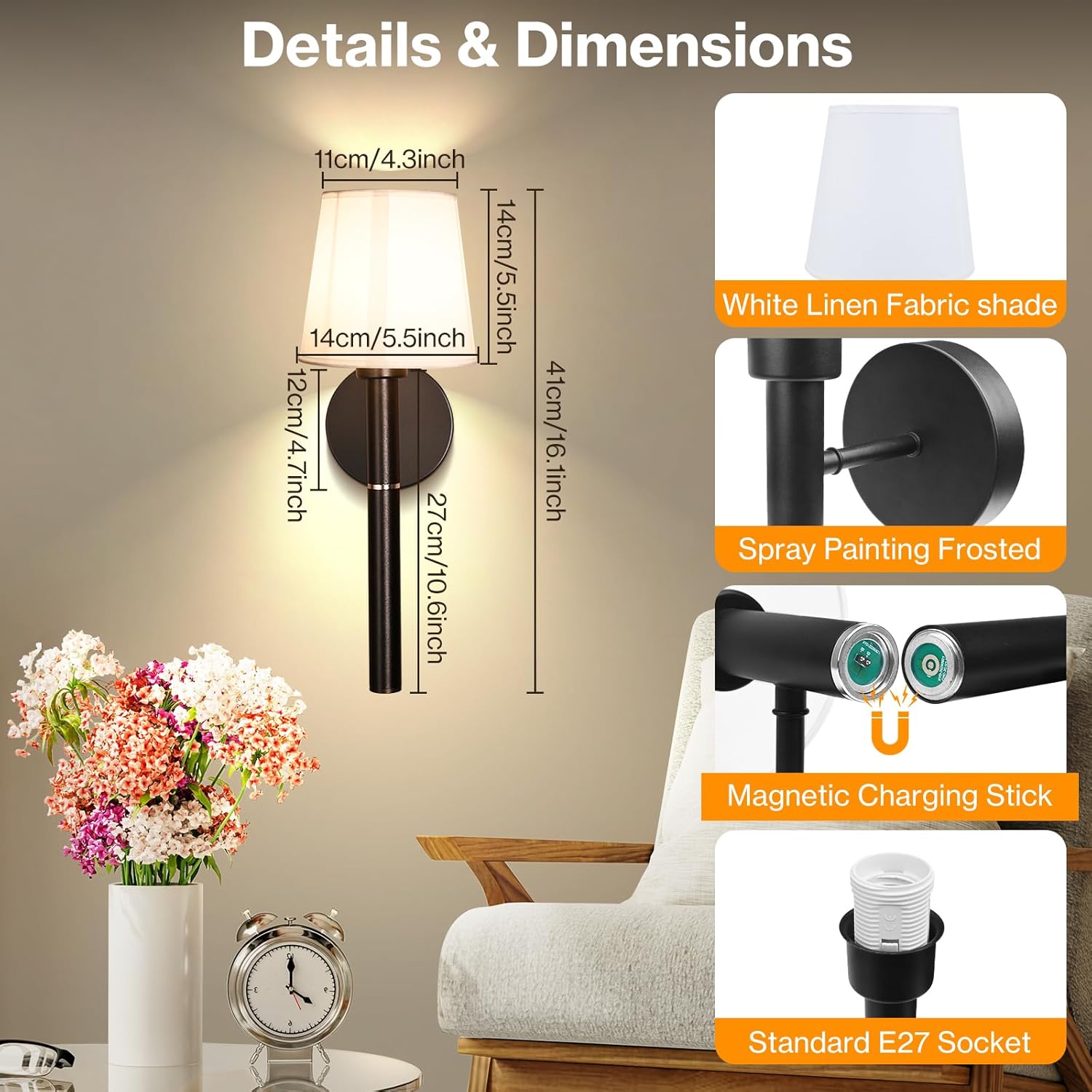 Battery Operated Wall Sconce Set of 2, 5200mAh RGB Wireless Wall Lights with Detachable Charging Stick & Dimmable Bulbs, 12 Colors Rechargeable Wall Lamps for Bedroom Living Room Hallway Decor, Gold