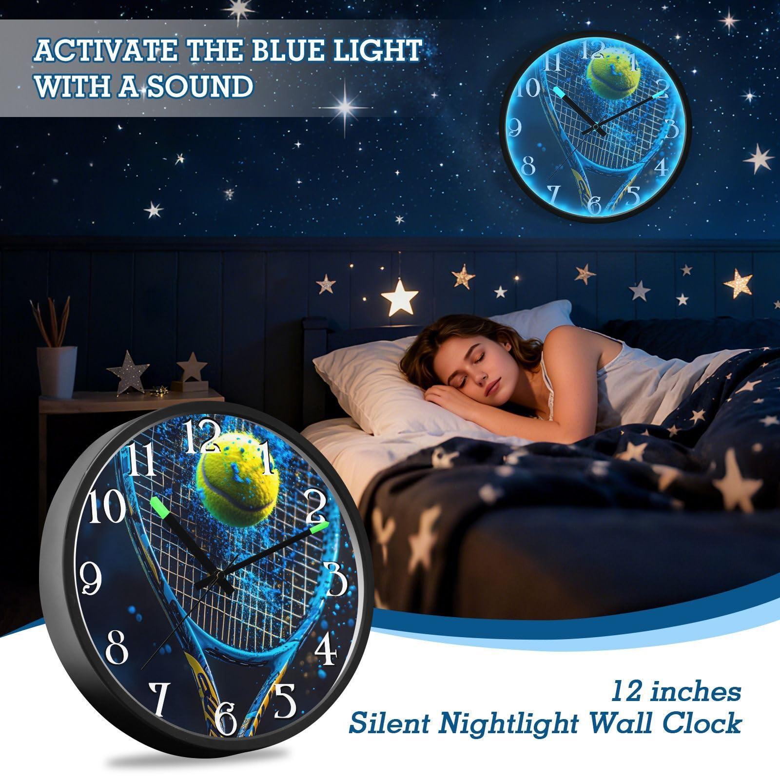Mnsruu Reloj de pared luminoso con fondo negro, pelota de tenis, reloj de dormitorio, funciona con pilas, reloj silencioso que brilla en la oscuridad, para sala de estar, cocina, 30,5 cm
